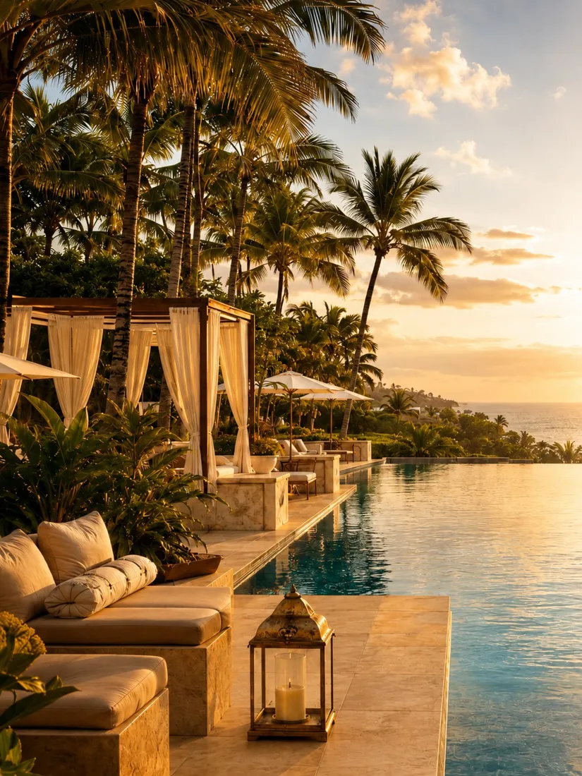 Poolside cabanas and infinity pool at sunset