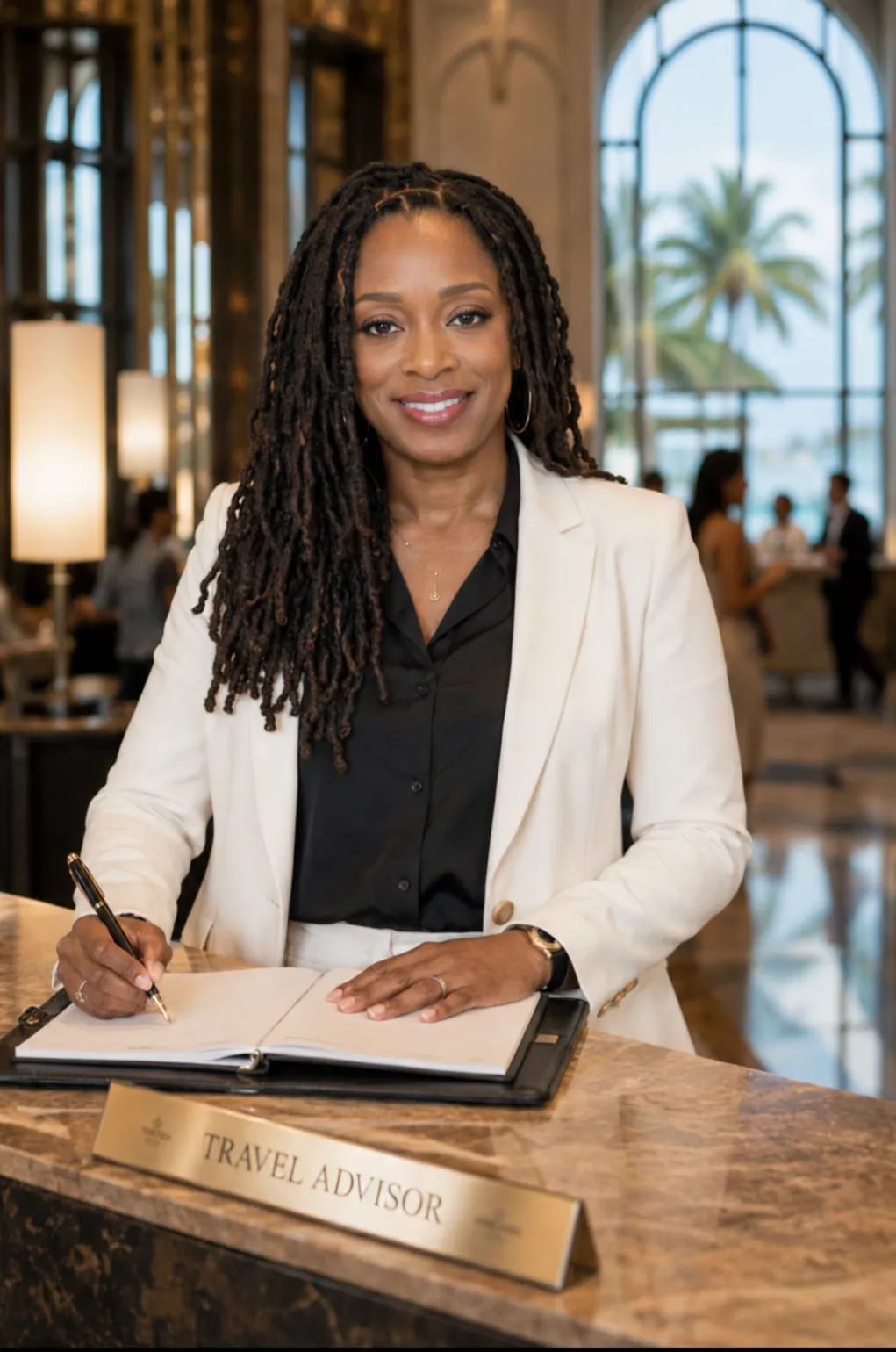 Althea Palmer confirming a booking at a hotel front desk