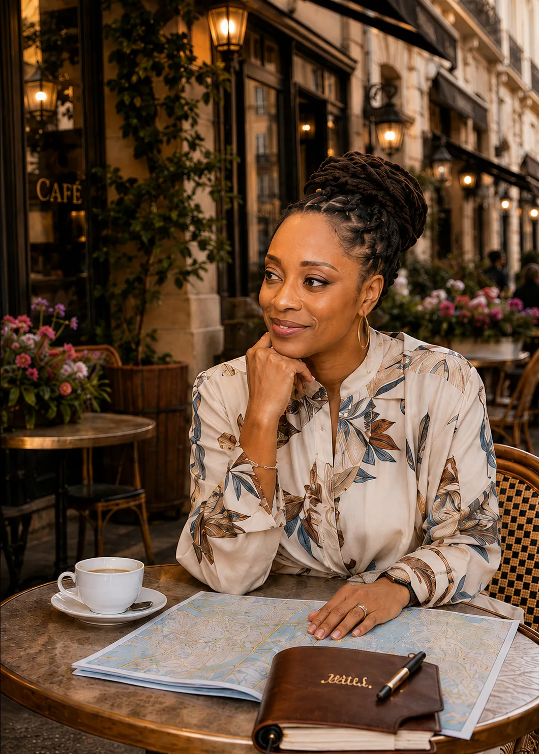 Althea Palmer planning travel at a Paris café