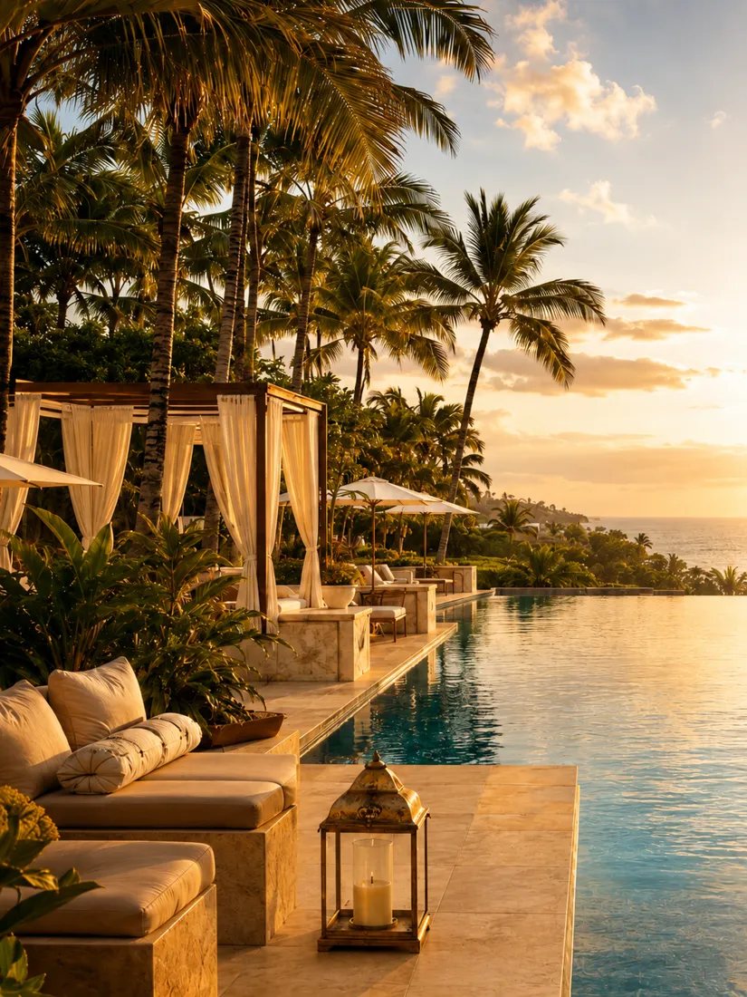 Tropical resort cabanas beside an infinity pool at sunset